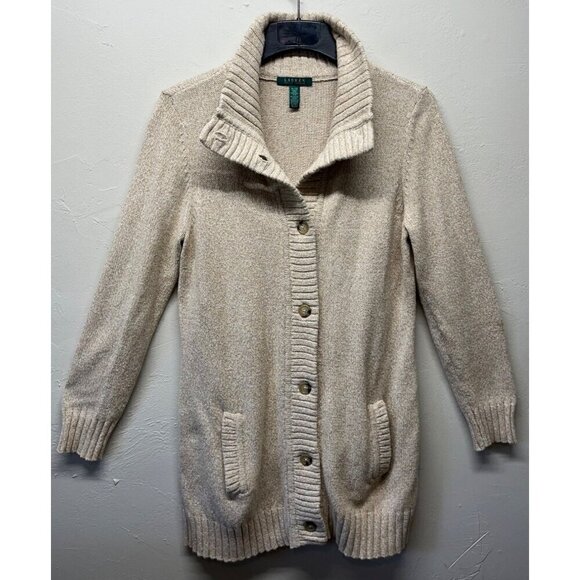 Lauren Ralph Lauren Womens Long Knit Cardigan Sweater Duster Button Up XL Cream - Picture 1 of 8